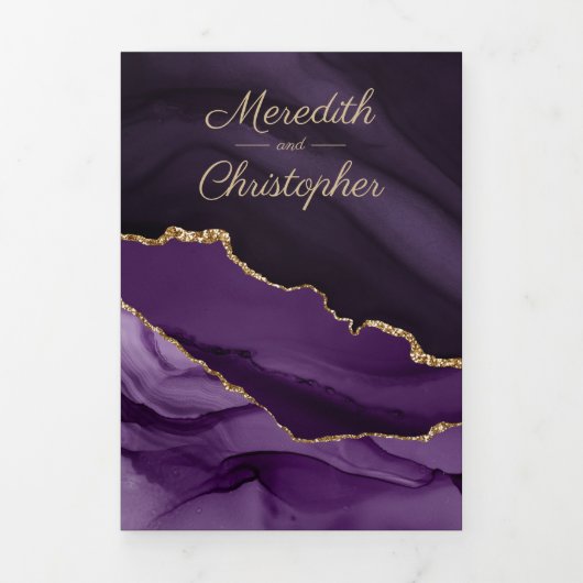 Paarse Agate Gold Glitter Geode Foto Weduwschap Drieluik Uitnodiging (Cover)
