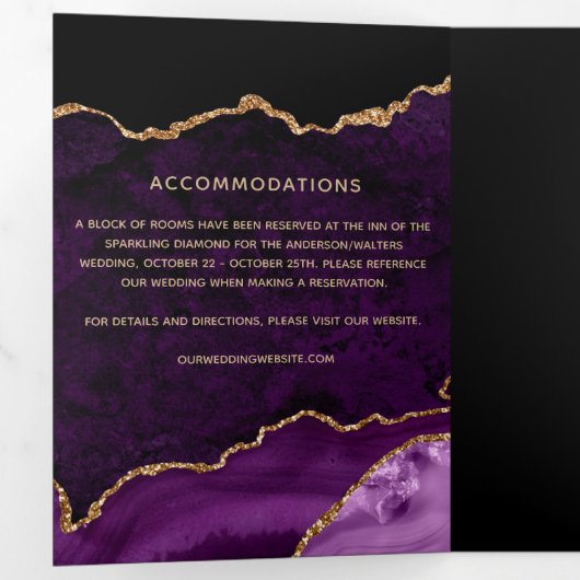 Paarse Agate Gold Glitter Geode Foto Weduwschap Drieluik Uitnodiging (Binnenzijde eerst)