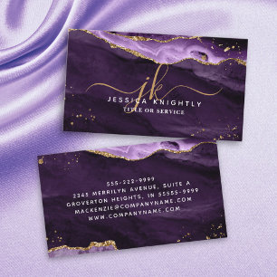 Paarse Agate Gold Glitter Script Monogram Visitekaartje
