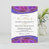 Paarse Agate Moderne Waterverf Gouden Trouw Kaart (Staand voorkant)