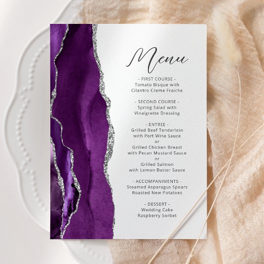 Paarse Agaten Zilver Moderne Script Bruiloft Menu