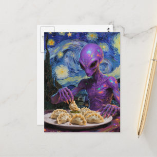 Paarse Alien die Perogies Eet Briefkaart