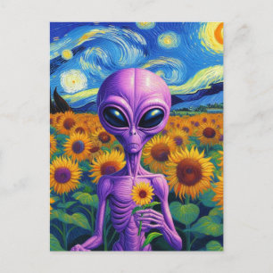 Paarse alien houdt bloem van Gogh zonnebloemveld Briefkaart
