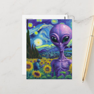 Paarse Alien in een Nep Van Gogh Zonnebloemveld Briefkaart