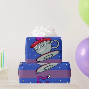 Paarse Alien in Theekopje Ruimteschip Cadeaupapier