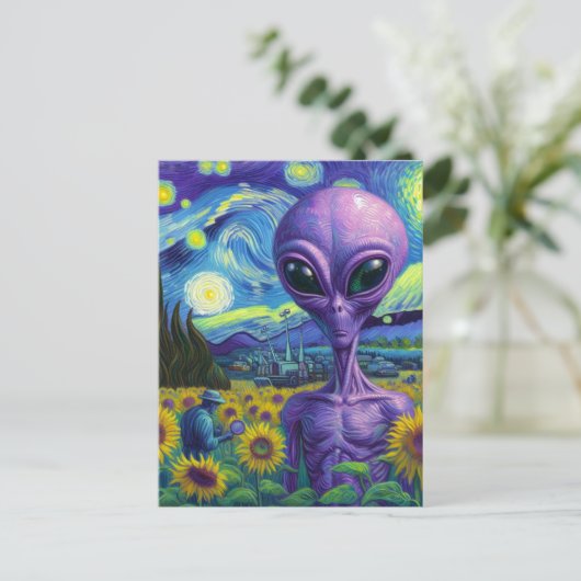 Paarse Alien Van Gogh Zonnebloemveld Briefkaart (Staand voorkant)