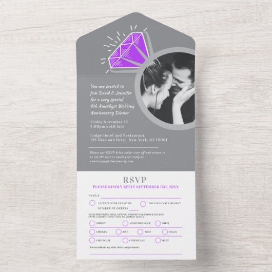 Paarse amethist 6de huwelijksverjaardag diner alle all in one uitnodiging (Binnen)