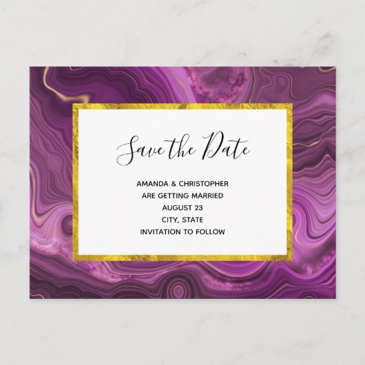 Paarse Amethist en Goud Abstract sparen de datum Uitnodiging Briefkaart (Voorkant)