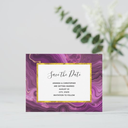 Paarse Amethist en Goud Abstract sparen de datum Uitnodiging Briefkaart (Staand voorkant)