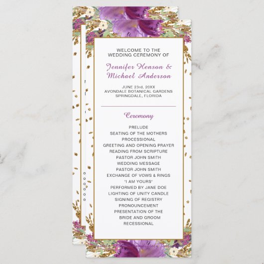 Paarse Amethist Gold Glitter Lijst Trouwprogramma Programma (Voorkant / Achterkant)
