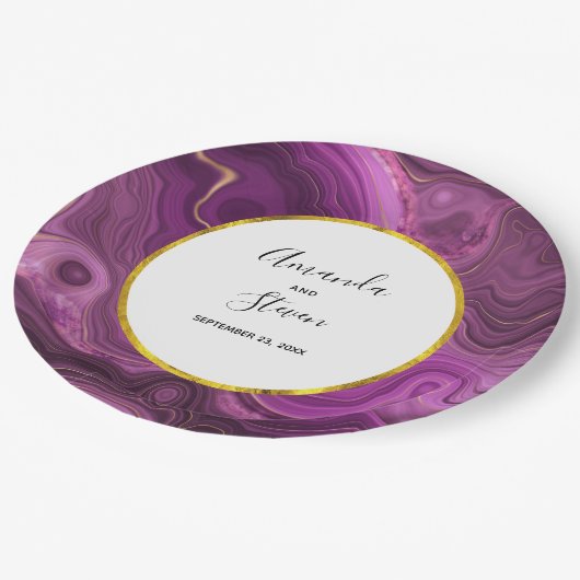 Paarse Amethist & Goud Abstract Agaat Bruiloft Papieren Bordje (Gekanteld)