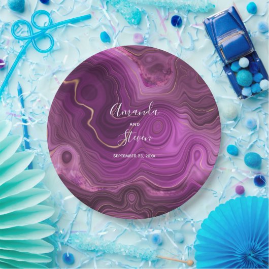 Paarse Amethist & Goud Abstract Agaat Trouwpapier Papieren Bordje (Feest)