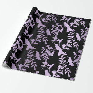 Paarse Amethyst Black Foliën Hummingbird Flowers Cadeaupapier