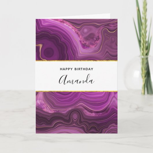 Paarse Amethyst en Gold Abstract Agate Birthday Kaart (Voorkant)