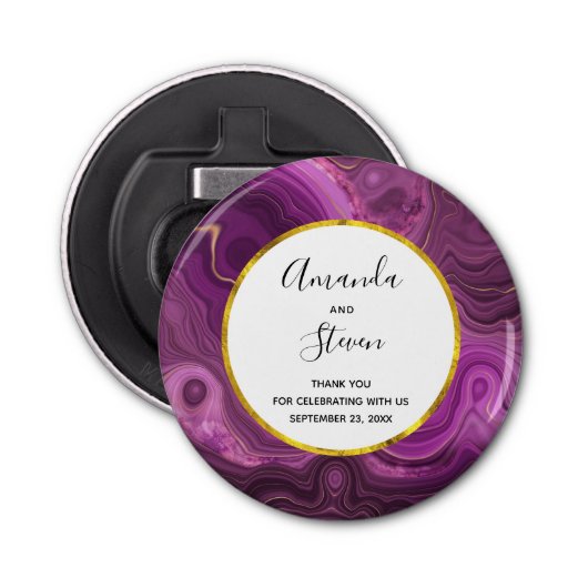 Paarse Amethyst en gouden Abstracte Agate Wedding Button Flesopener (Voorkant)