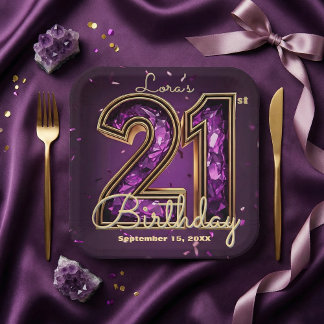 Paarse Amethyst Kristal Goud 21e Verjaardag Papieren Bordje