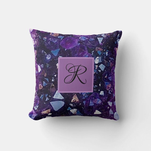 Paarse Amethyst Kwartz Crystal Monogram Kussen (Voorkant)