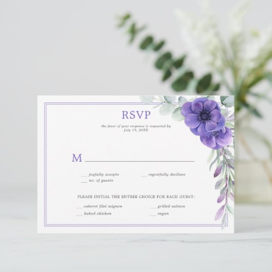 Paarse Anemone Greenery Double Lijst RSVP (Staand voorkant)