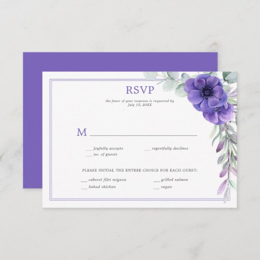 Paarse Anemone Greenery Double Lijst RSVP Kaart (Voorkant / Achterkant)