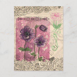 Paarse Anemone Rozen Waterverf Collage Art Briefkaart