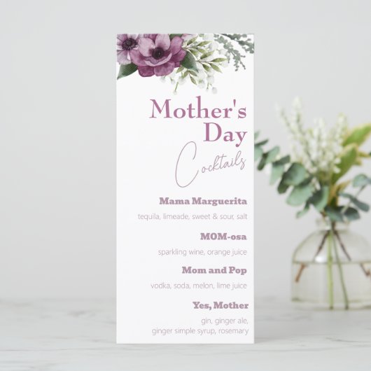 Paarse Anemonen Moederdag Cocktails Menu (Staand voorkant)