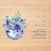 Paarse Anemonen Tea Cup Wedding Save the Date Acryl Uitnodigingen (Voorkant)