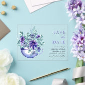 Paarse Anemonen Tea Cup Wedding Save the Date Acryl Uitnodigingen (Insitu (Huwelijk))