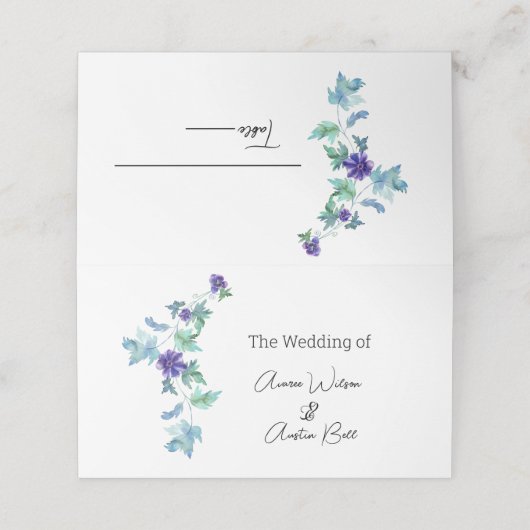 Paarse Anemones en Greenery Name Place Card (Buitenkant ongevouwen)