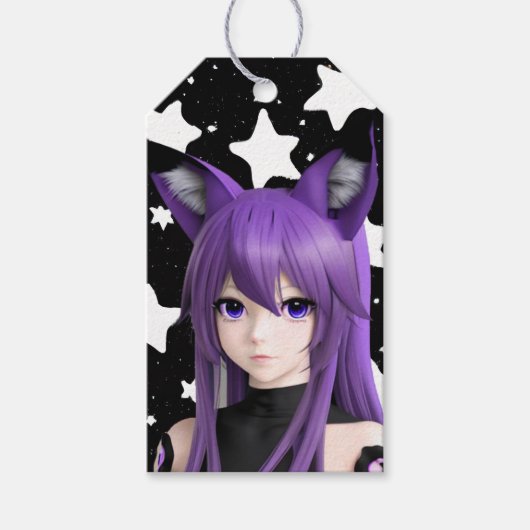 Paarse Anime Meisje met Fox Ear Hoofdband Verjaard Cadeaulabel (Voorkant)