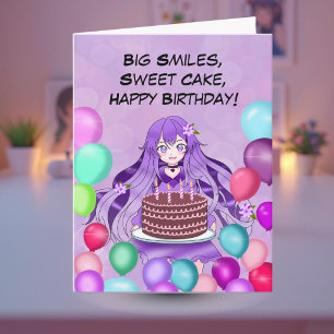 Paarse anime tiener die verjaardagstaart vasthoudt kaart
