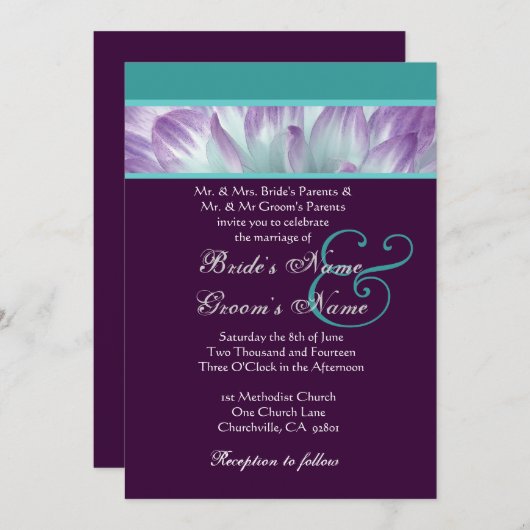 Paarse Aqua Blue Dahlia Petals Bruiloft Gerecyclee Kaart (Voorkant / Achterkant)