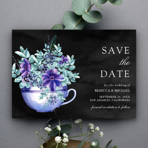 Paarse Aquarel Anemonen Theekopje Zwarte Bruiloft Save The Date