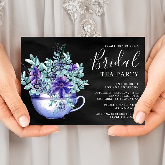 Paarse Aquarel Anemonen Zwarte Bruilofts Theeparti Kaart