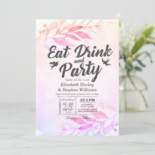 Paarse Aquarel Bladeren EAT Drinken & Feest Huweli Kaart