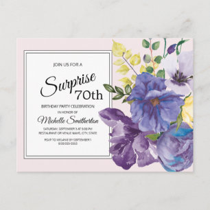 Paarse Aquarel Bloemen op Roze 70e Verjaardag Briefkaart