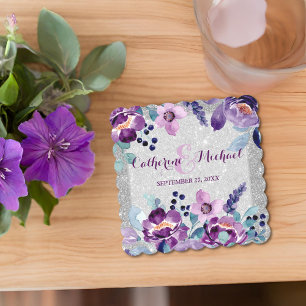 Paarse Aquarel Bloemen & Zilver Glitter Bruiloft Kartonnen Onderzetters