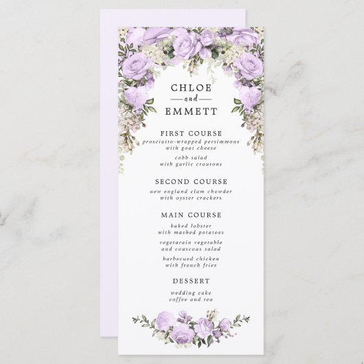 Paarse Aquarel Bloemige Bruiloft Menu (Voorkant / Achterkant)