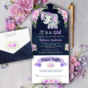 Paarse Aquarel Bloemige Olifant Navy Baby Shower All In One Uitnodiging