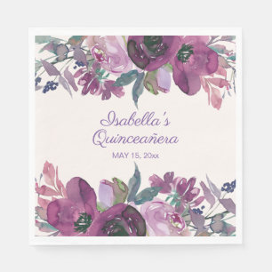Paarse Aquarel Bloemige Quinceañera Naam Datum Servet