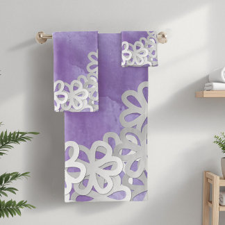 Paarse Aquarel en Witte Bloemen Bad Handdoek