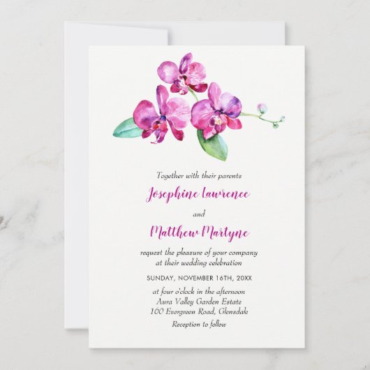 Paarse Aquarel Orchidee Elegante Bloemige Bruiloft Kaart (Voorkant)