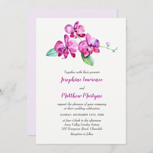 Paarse Aquarel Orchidee Elegante Bloemige Bruiloft Kaart (Voorkant / Achterkant)