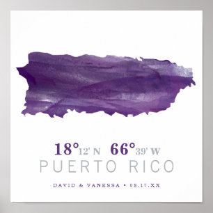 Paarse Aquarel Puerto Rico Kaart Coördinaten Poster