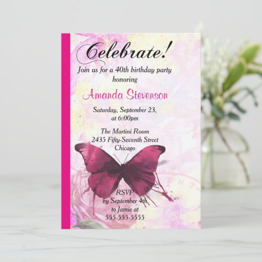 Paarse Aquarel Vlinder Verjaardagsfeestje Kaart (Staand voorkant)