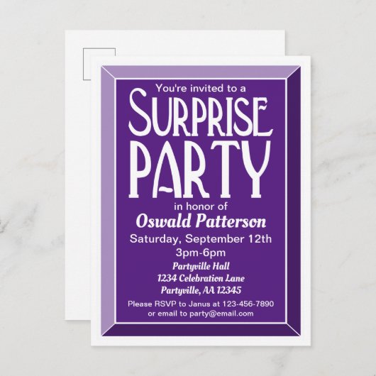 Paarse Art Deco Beveled Birthday Surprise Party Uitnodiging Briefkaart (Voorkant / Achterkant)