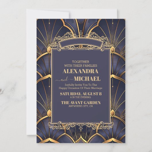 Paarse  Art Deco bruiloft Kaart (Voorkant)