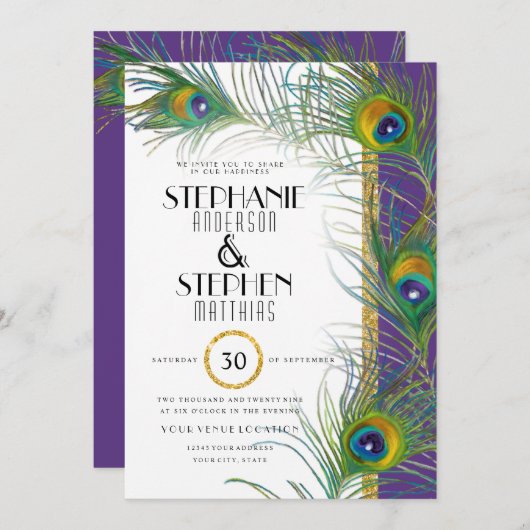 Paarse Art Deco Peacock draagt moderne typografie Kaart (Voorkant / Achterkant)