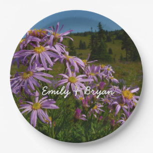 Paarse Aster Flowers op Mount Rainier Papieren Bordje