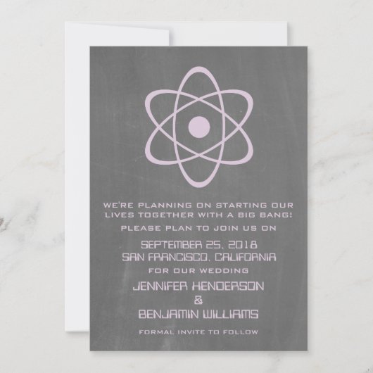 Paarse atoomalkboard sparen de Datum uitnodigen Save The Date (Voorkant)