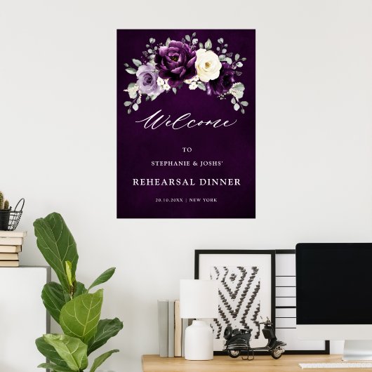 Paarse Aubergine Boho Proefbruiloft Eten Welkom Poster (Thuiskantoor)